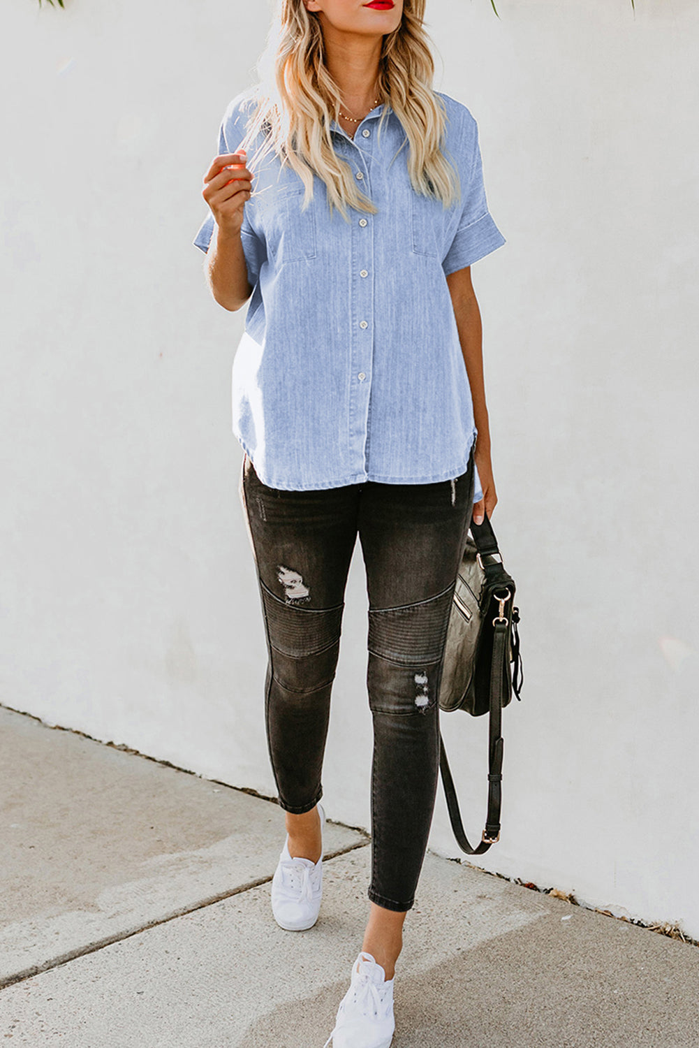 Sky Blue-3 Turn-down Collar Short Sleeve Denim Shirt